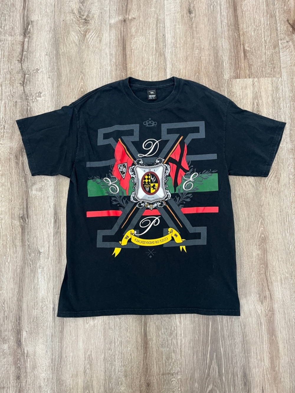 10.Deep Black Short Sleeve Tee with Crest, Red Flags and Yellow Banner